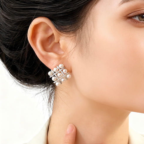 Radiant Grid Pearl Stud Earrings - Sterling Silver